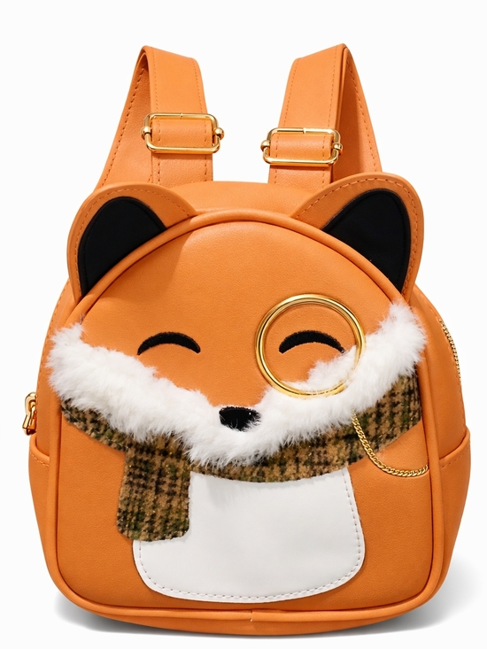 Mystique Boutique Handbags - Fox Mini Backpack Orange Vegan Leather Kawaii Cute Animal Bag Scarf Chain Detail